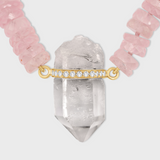 Aurora Rose Quartz Fancy Cut & Crystal Quartz Diamond Bar Charm Necklace