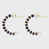 Arizona Small Blue Sapphire Pearl Gold Bead Hoop Earrings