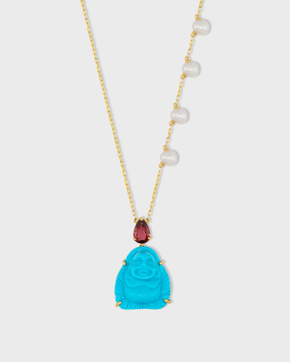 Happy Buddha Turquoise with Tourmaline Crown Pearl Necklace