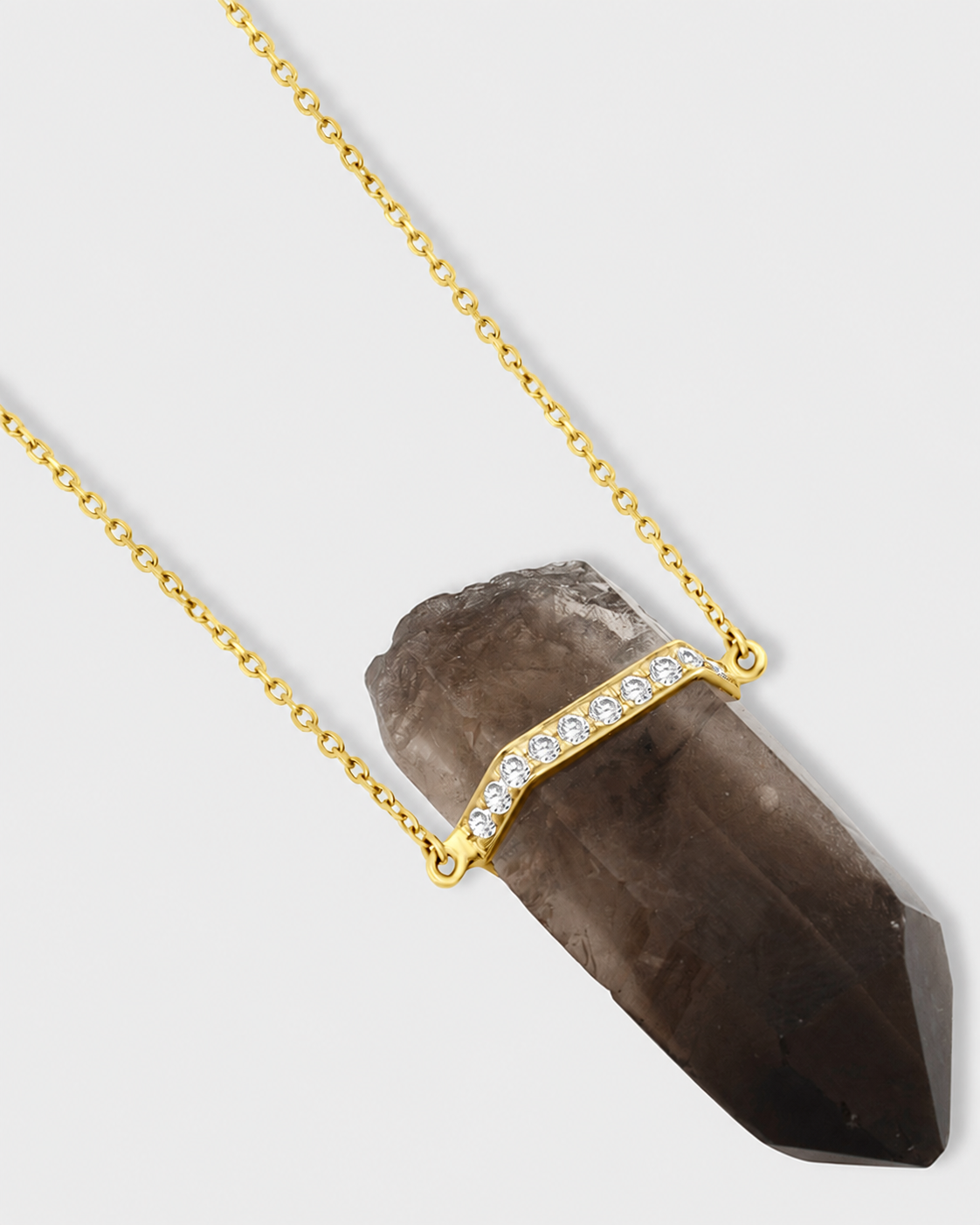 Crystalline Smoky Quartz Diamond Bar Necklace — Yellow Gold