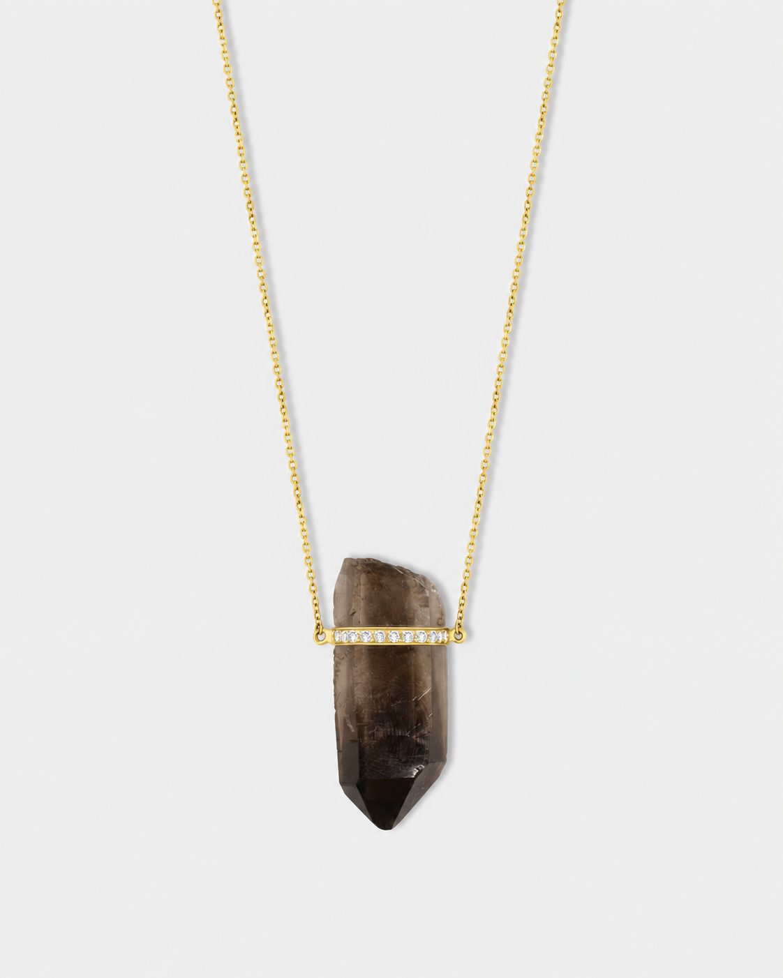Crystalline Smoky Quartz Diamond Bar Necklace — Yellow Gold