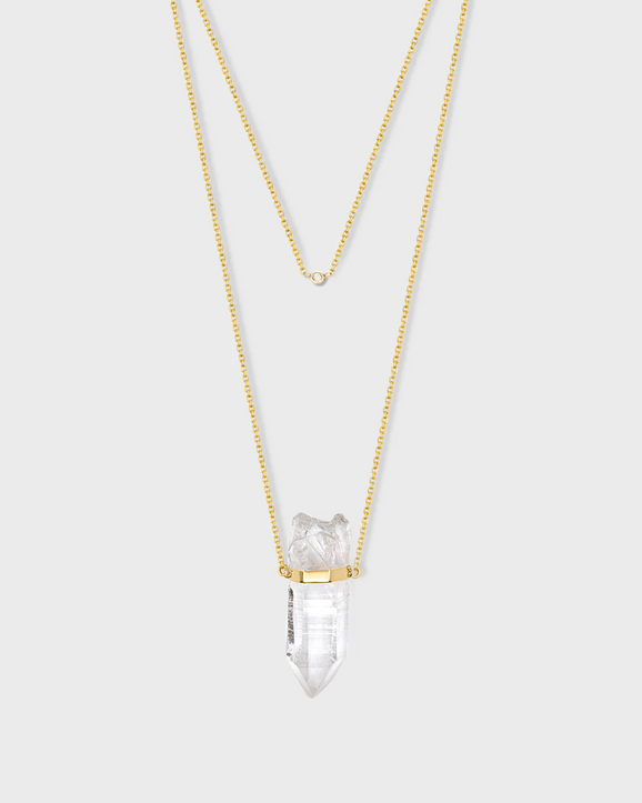 Crystalline Double Layer Crystal Quartz Diamond Bezel Necklace