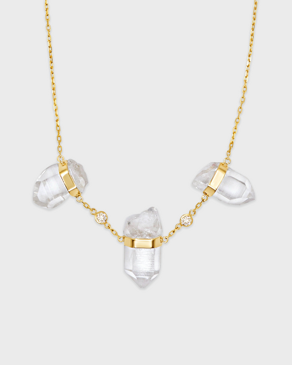 Crystalline Triple Crystal Quartz Double Diamond Bezel Necklace