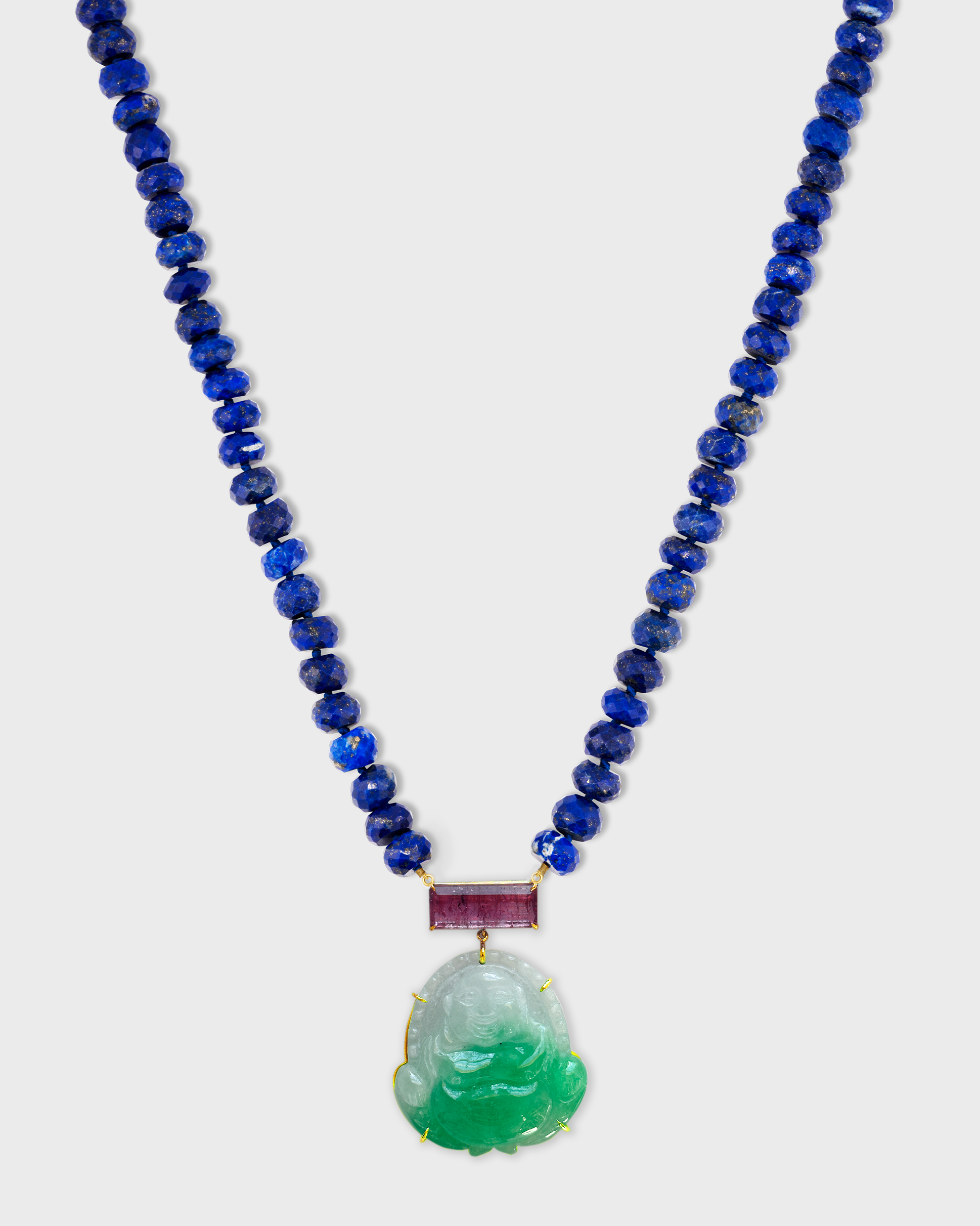 Happy Buddha Jade Tourmaline Lapis Necklace