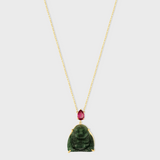 Happy Buddha Green Tourmaline with Pink Tourmaline Crown Necklace