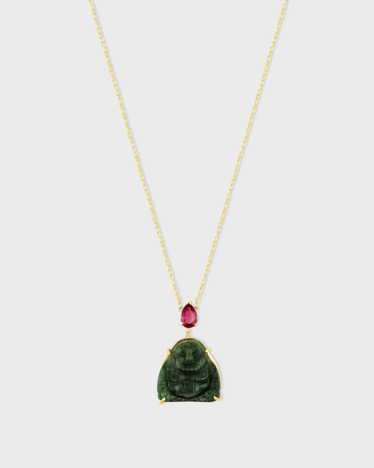 Happy Buddha Green Tourmaline with Pink Tourmaline Crown Necklace