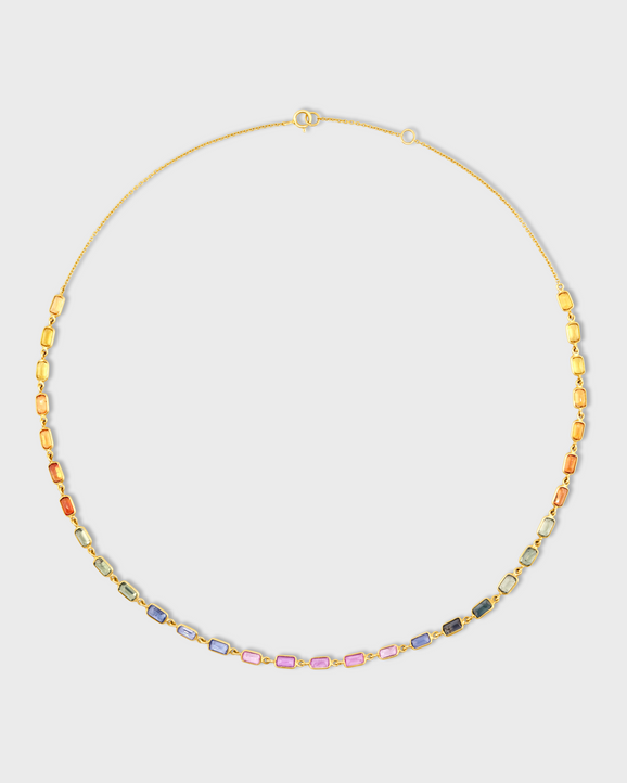 Chakra Rainbow Sapphire Gold Bezel Tennis Chain Necklace