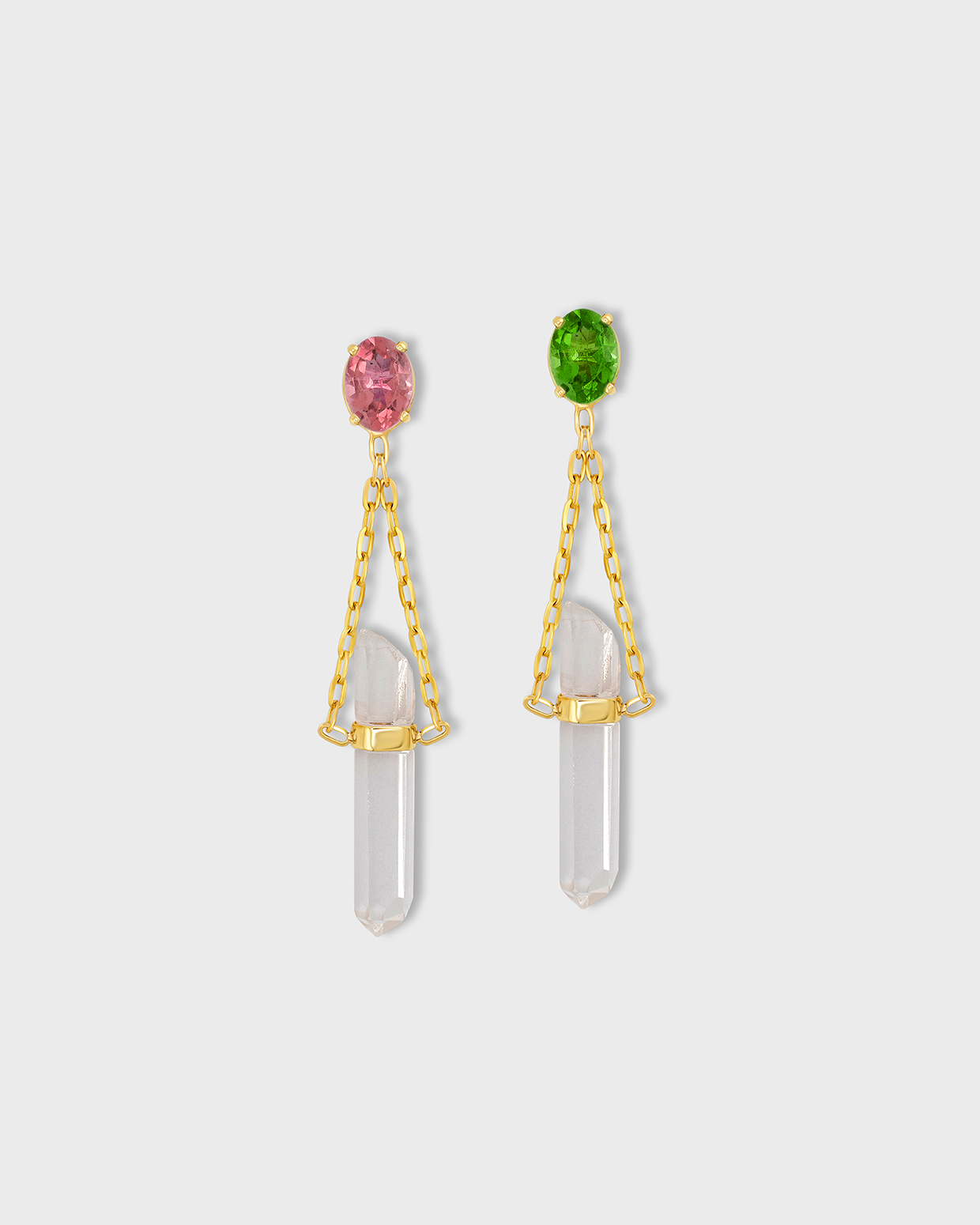 Chakra Pink & Green Tourmaline Crystal Quartz Gold Bar Earring