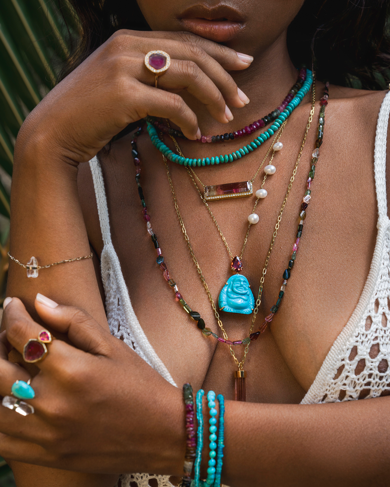 Happy Buddha Turquoise with Tourmaline Crown Pearl Necklace