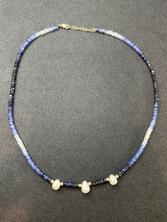 Blue Sapphire Three Pearl Necklace