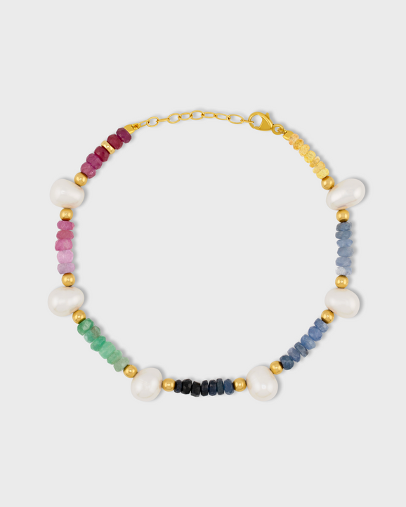 Arizona Rainbow Sapphire Pearl Gold Bead Bracelet