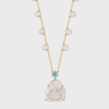 Happy Buddha Rainbow Moonstone with Topaz Crown Pearl Necklace