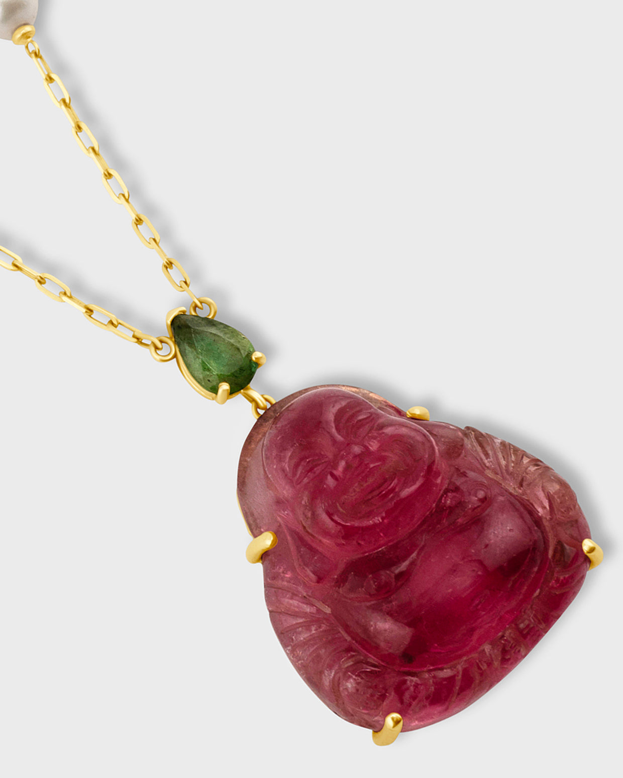 Happy Buddha Pink Tourmaline with Pearl Necklace