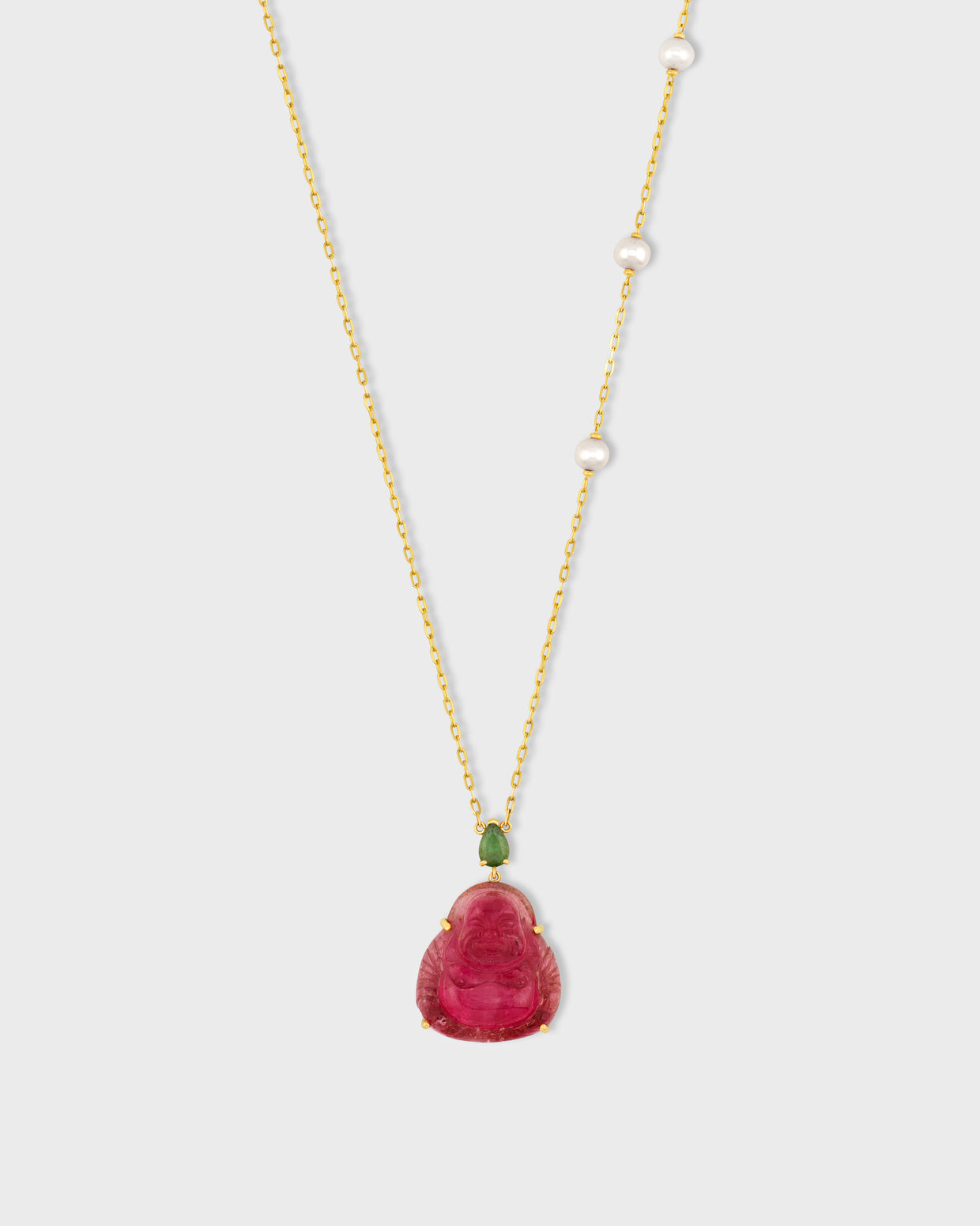 Happy Buddha Pink Tourmaline with Pearl Necklace