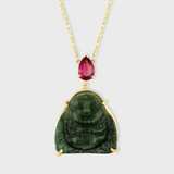 Happy Buddha Green Tourmaline with Pink Tourmaline Crown Necklace