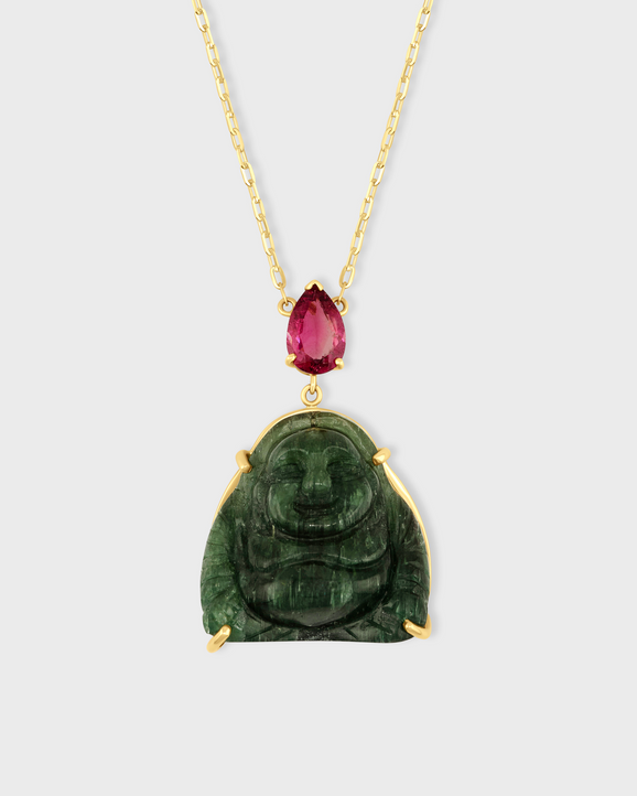 Happy Buddha Green Tourmaline with Pink Tourmaline Crown Necklace
