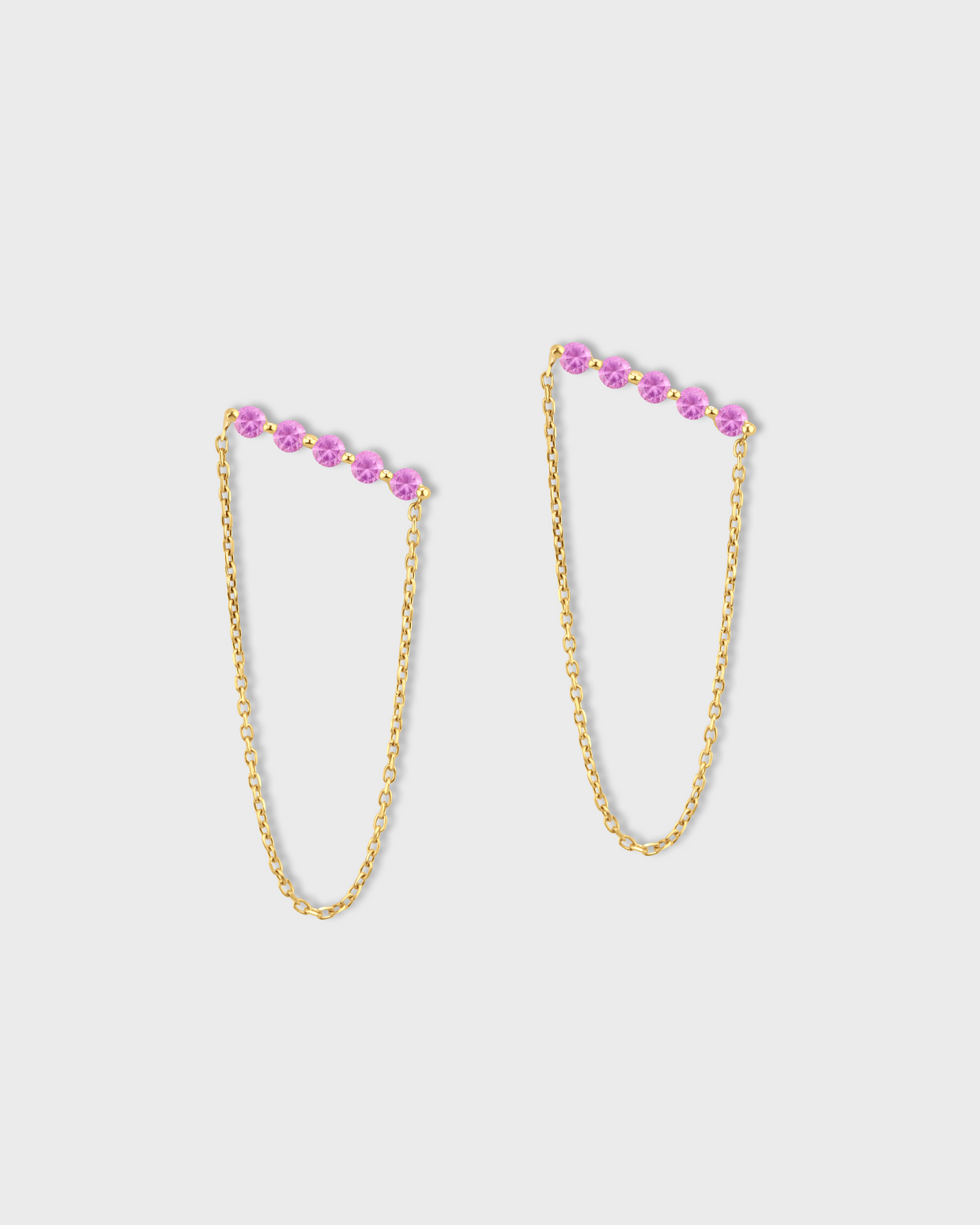 Chakra Pink Sapphire Bar Gold Chain Earrings