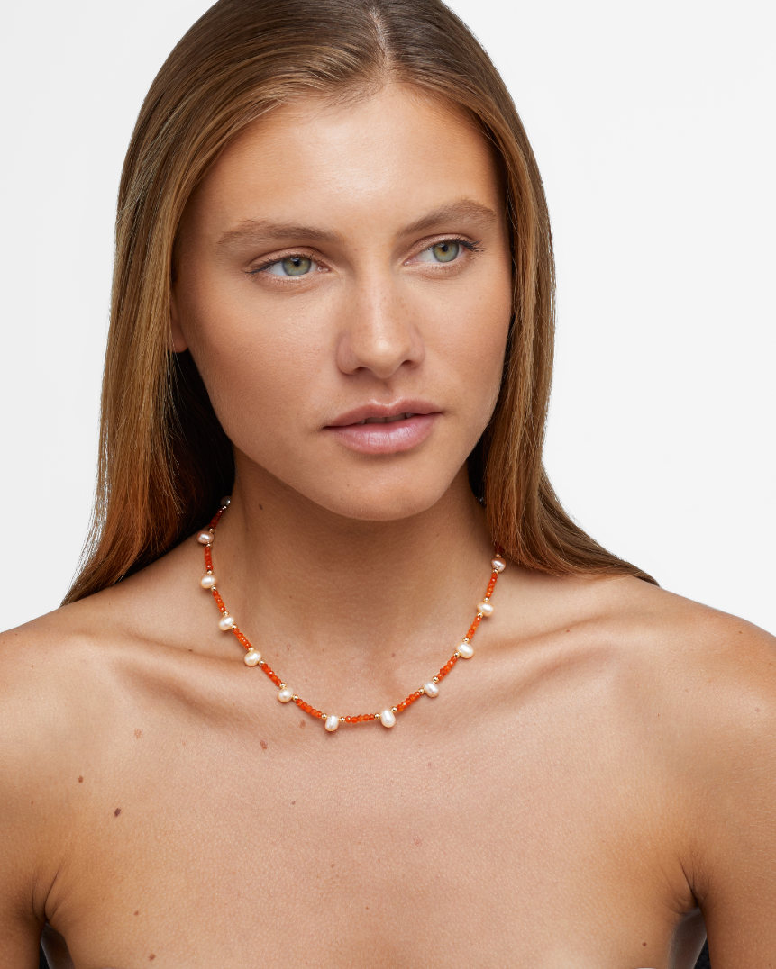 Arizona Carnelian Pearl Gold Bead Necklace