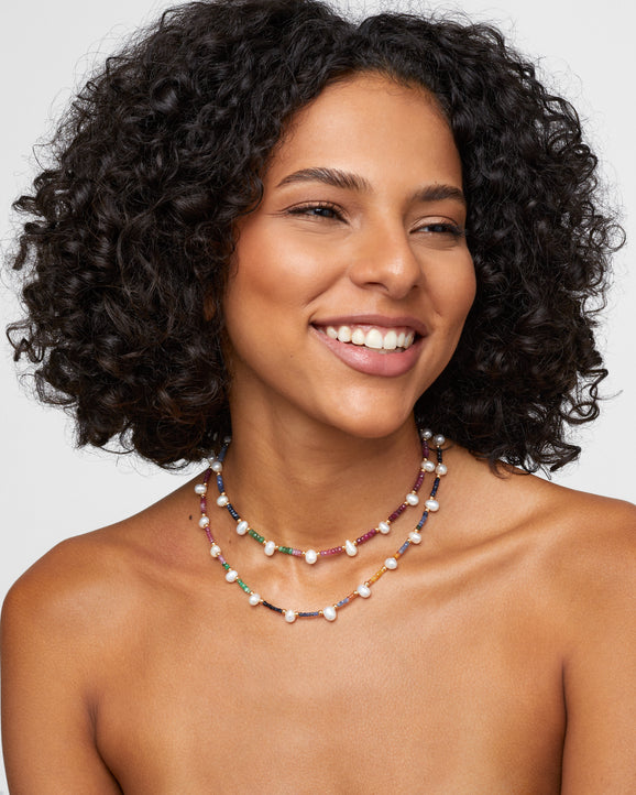 Arizona Dark Rainbow Sapphire Pearl Gold Bead Double Long Necklace