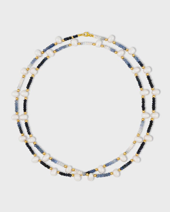 Arizona Ombre Blue Sapphire Pearl Gold Bead Double Long Necklace
