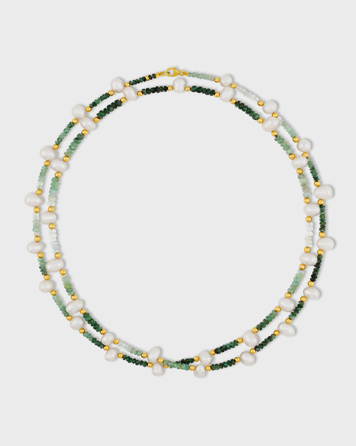 Arizona Emerald Pearl Gold Bead Double Long Necklace