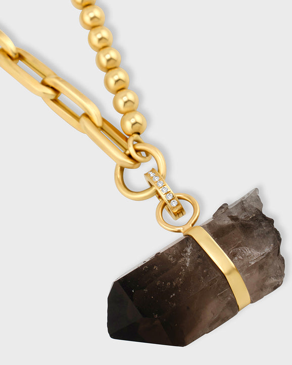 Crystalline Yin & Yang Jumbo Gold Chain with Diamond Smoky Quartz Gold Bar Necklace