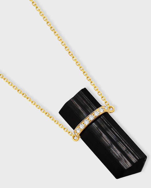 Crystalline Black Tourmaline Diamond Gold Bar Necklace