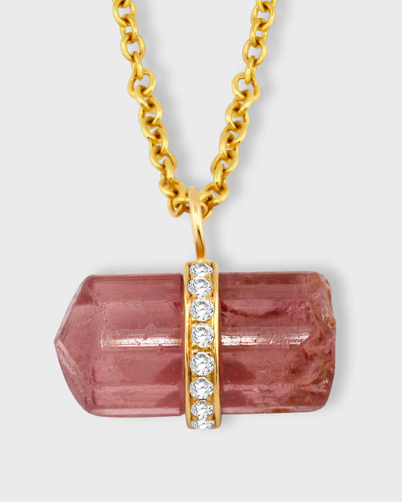 Crystalline Pink Tourmaline Diamond Center Bar Charm Necklace