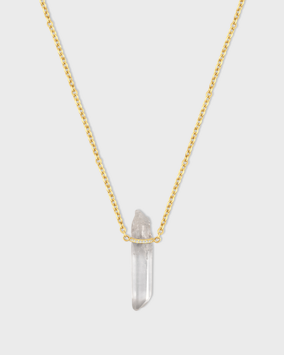 Crystalline Crystal Quartz Diamond Bar Charm Long Chain Necklace