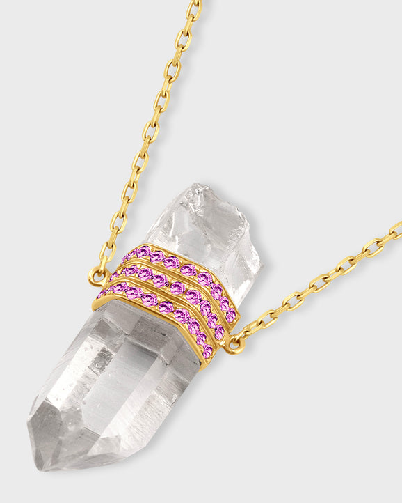 Crystalline Crystal Quartz Triple Pink Sapphire Bar Necklace