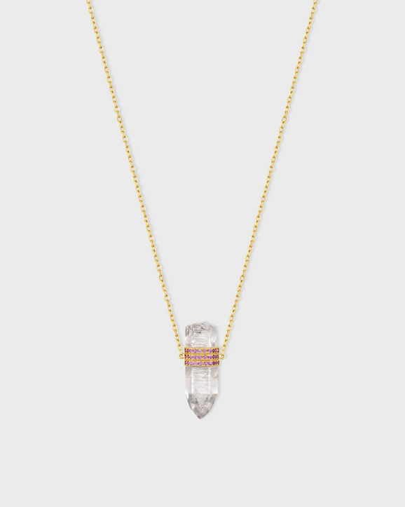 Crystalline Crystal Quartz Triple Pink Sapphire Bar Necklace