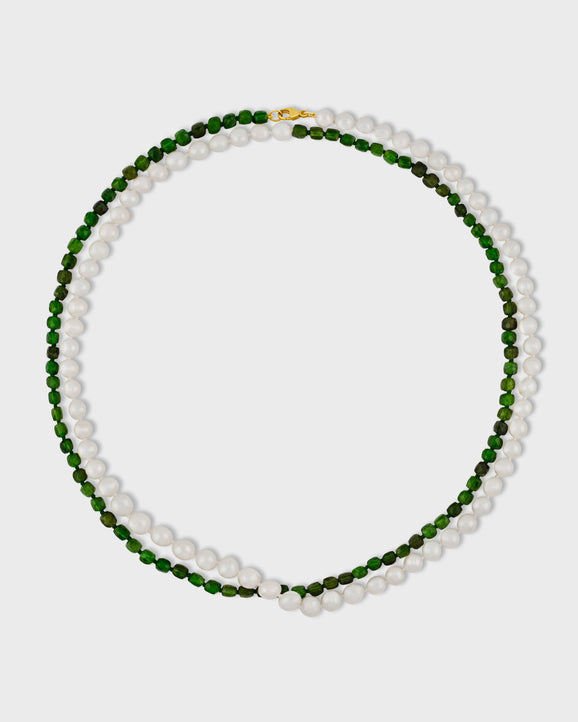 Ocean Chrome Diopside Round Pearl Union Double Long Necklace