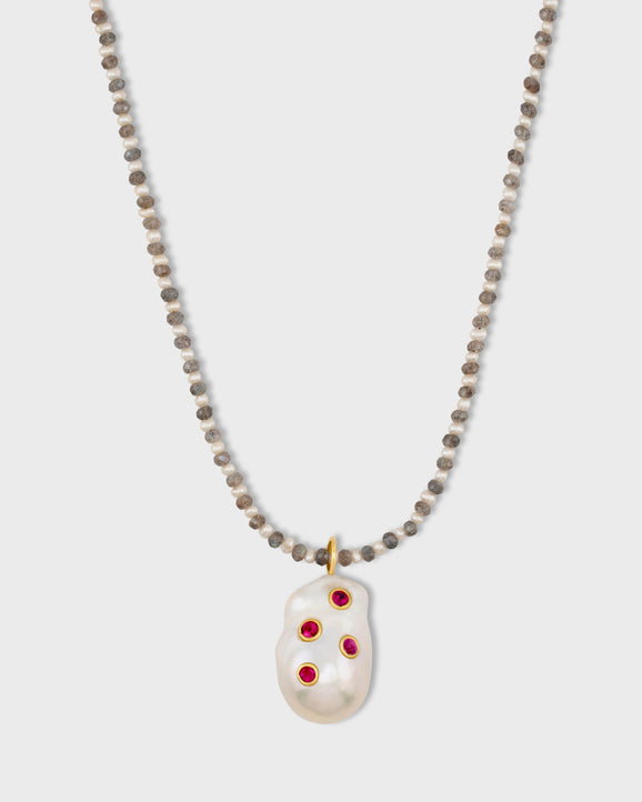 Ocean Labradorite & Pearl Ruby Baroque Pearl Charm Necklace