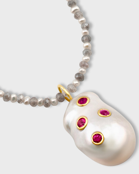 Ocean Labradorite & Pearl Ruby Baroque Pearl Charm Necklace