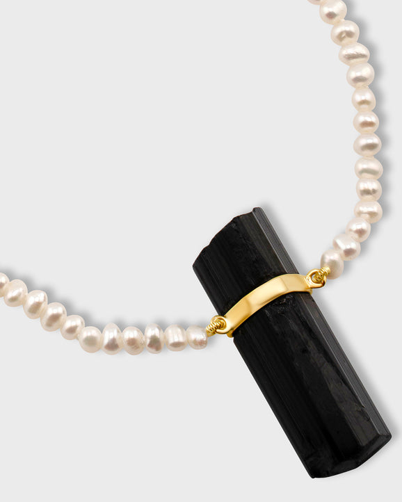 Ocean Black Tourmaline Gold Bar Pearl Necklace