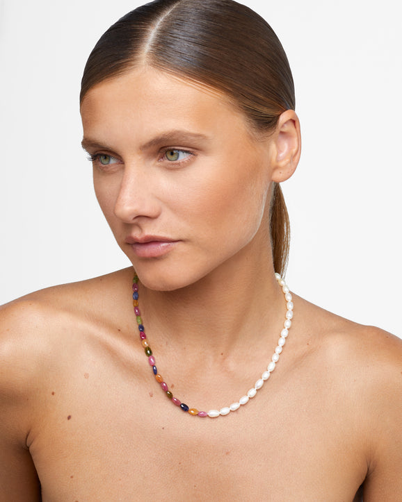 Ocean Faceted Rainbow Sapphire Pearl Union Necklace