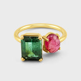 Treasure Pink Cabochon Cut and Green Emerald Cut Tourmaline Moi et Toi Ring