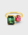 Treasure Pink Cabochon Cut and Green Emerald Cut Tourmaline Moi et Toi Ring