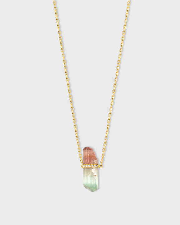 Crystalline Watermelon Tourmaline Diamond Gold Bar Necklace