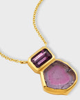 Treasure Lilac Tourmaline Slice Emerald Gemstone Bezel Necklace