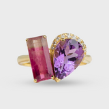 Treasure Rainbow Tourmaline Amethyst Diamond Double Gemstone Ring