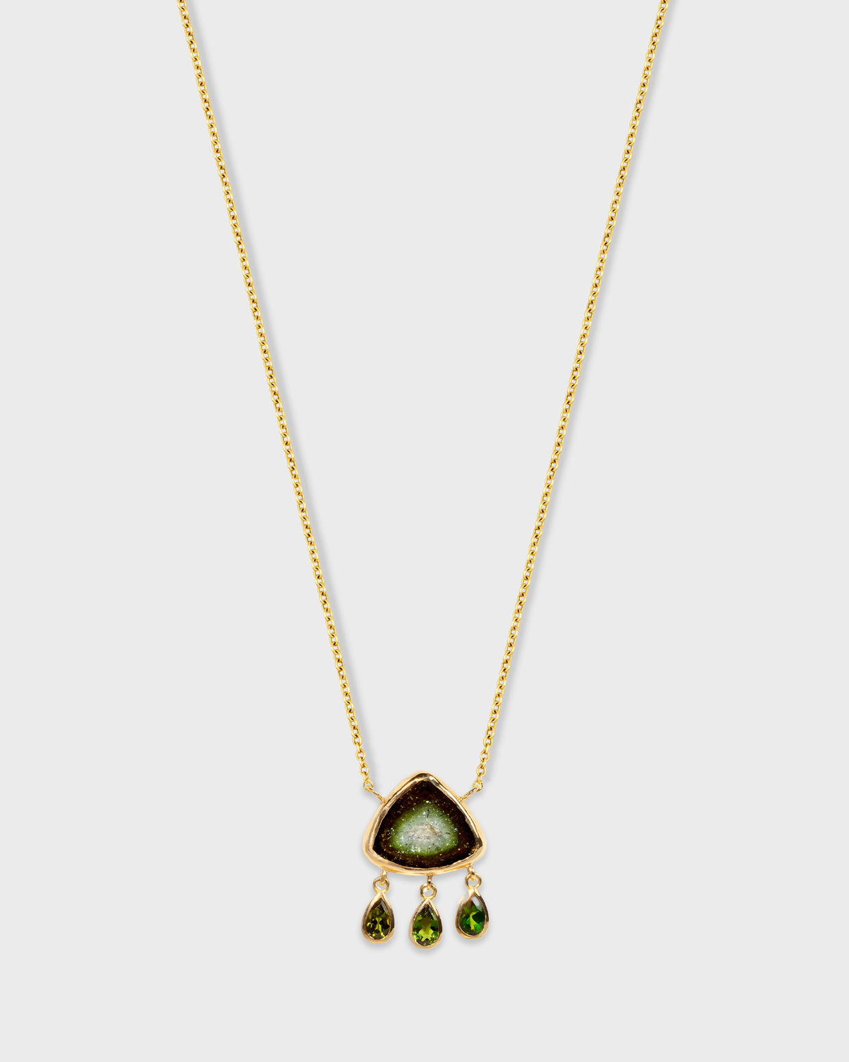 Treasure Green Tourmaline Slice Triple Dangle Necklace