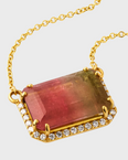 Treasure Rainbow Tourmaline Emerald Cut Diamond Halo Necklace