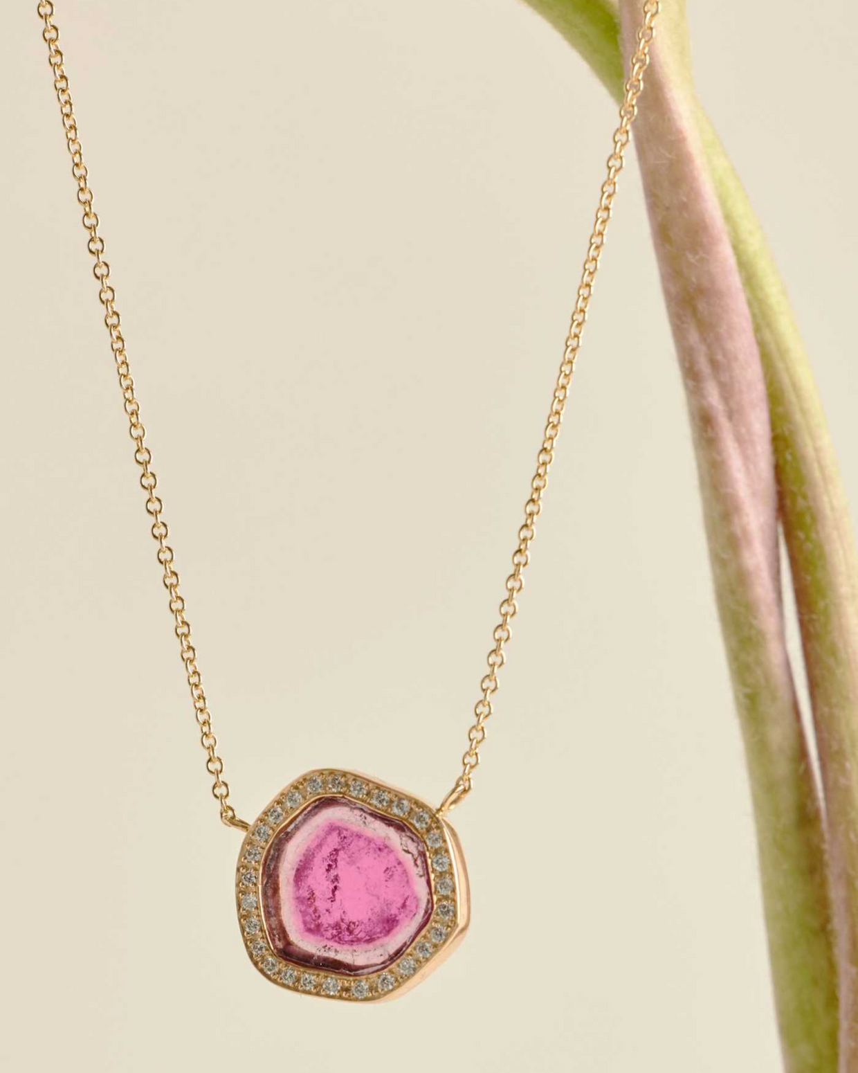 Treasure Pink Tourmaline Slice Diamond Halo Necklace