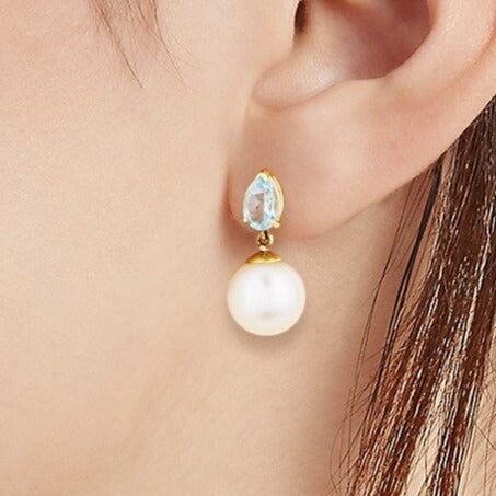 Ocean Blue Topaz Classic Pearl Earrings