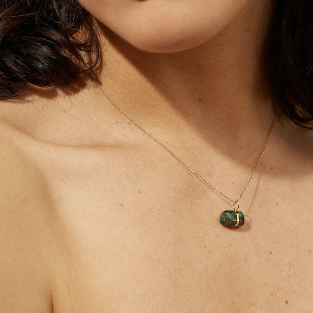 May Birthstone Emerald Gold Bar Charm Necklace