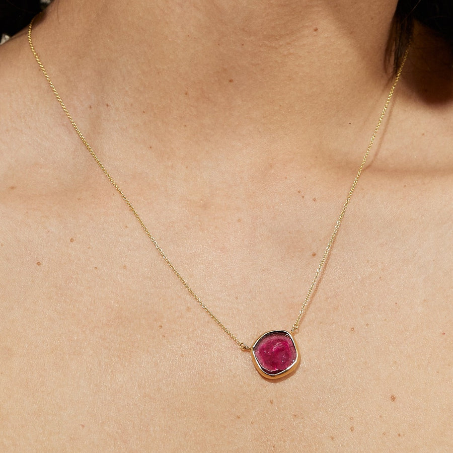 Pink Tourmaline Slice Gold Bezel Necklace