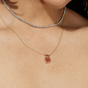 Pink Tourmaline Slice Oval Gemstone Gold Bezel Necklace