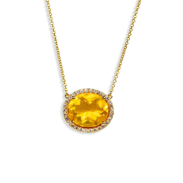Canary Fire Opal Diamond Halo Necklace