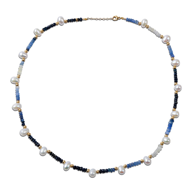Arizona Ombre Blue Sapphire Pearl Gold Bead Necklace